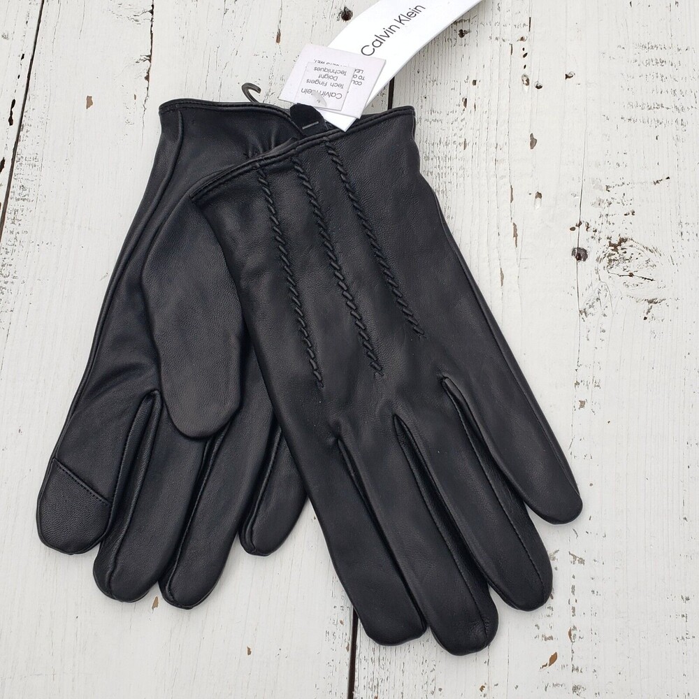 Calvin Klein Men's NEW Black Sz L Full Grain Sheep Leather Winter Gloves